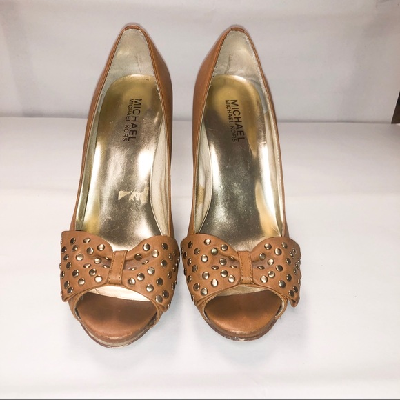 Michael Kors Cognac Leather Peep Toe Heels W/ Bow - Picture 1 of 7